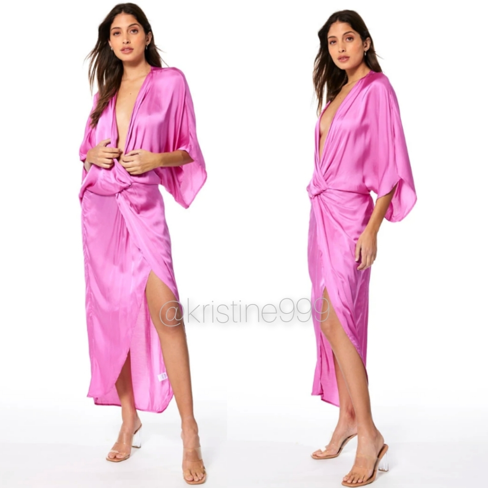 Young Fabulous & Broke Hot Pink Satin Knot-Front Maxi Dress